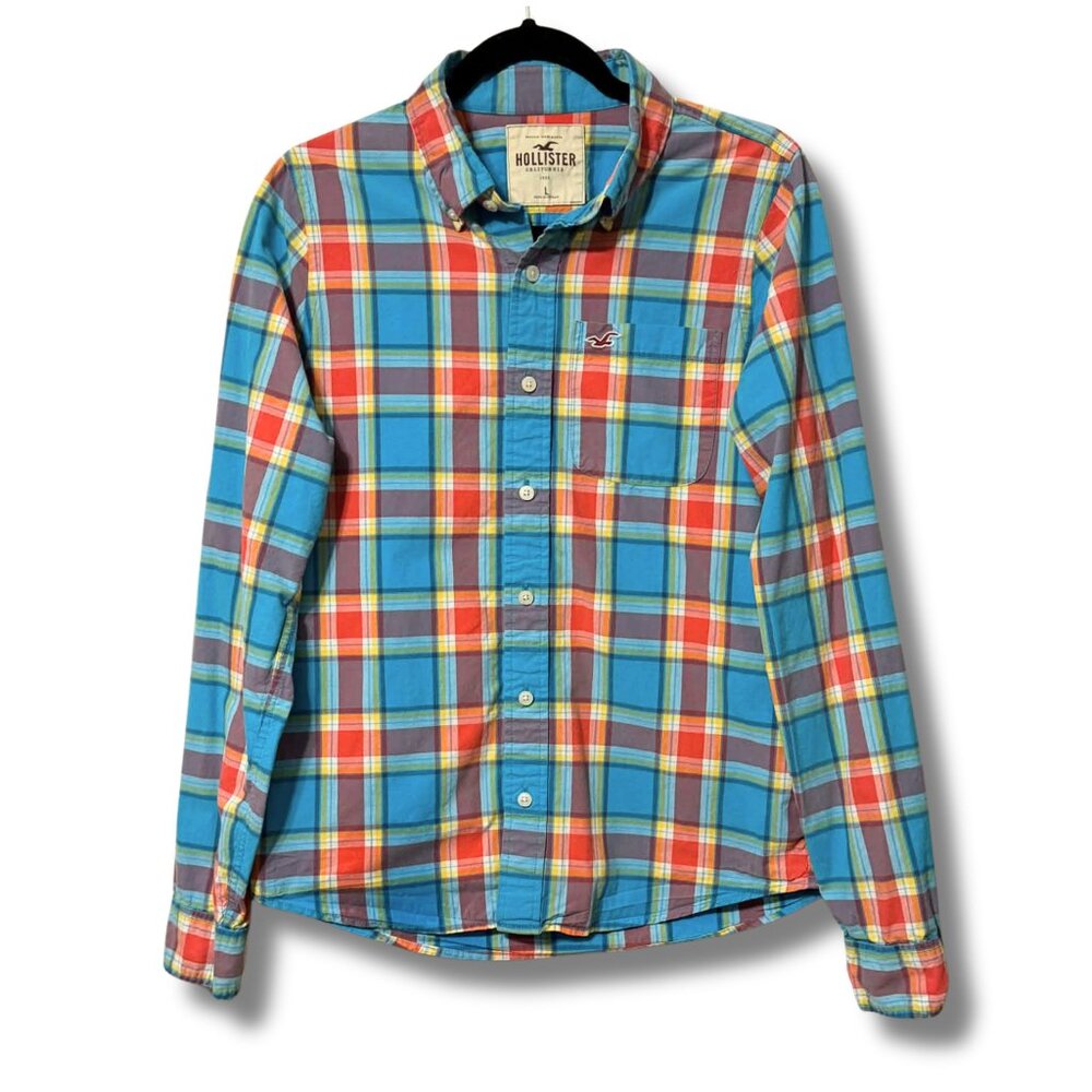 Hollister Men’s Classic Blue & Red Plaid Button Down Shirt – Size L